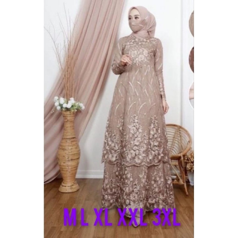 [ Termurah ] Gamis Malaysia Amira Dress Brukat Premium 2 Tingkat Baju Remaja Dewasa Wanita Pesta Kon