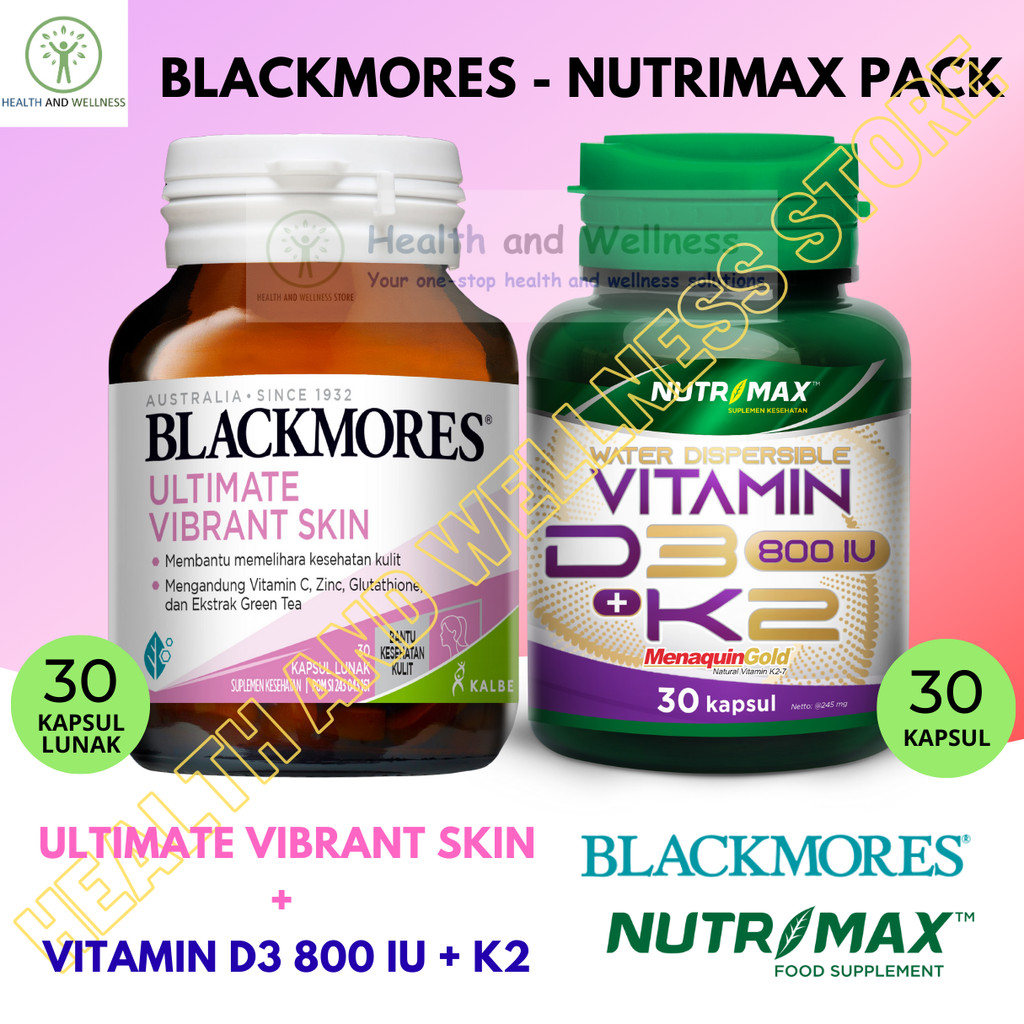 Blackmores Ultimate Vibrant Skin 30 Kapsul Lunak dan Nutrimax Vitamin D3 800 IU K2 30 Kapsul Paket