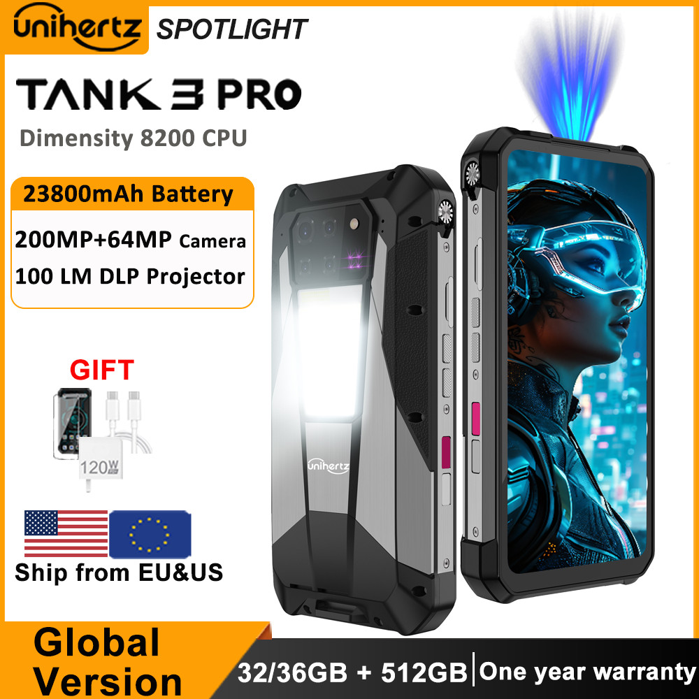 Unihertz Tank 3 Pro 8849 Rugged 5G Smartphone Android with 100 Lumens Projector 32GB 512GB 23800mAh 