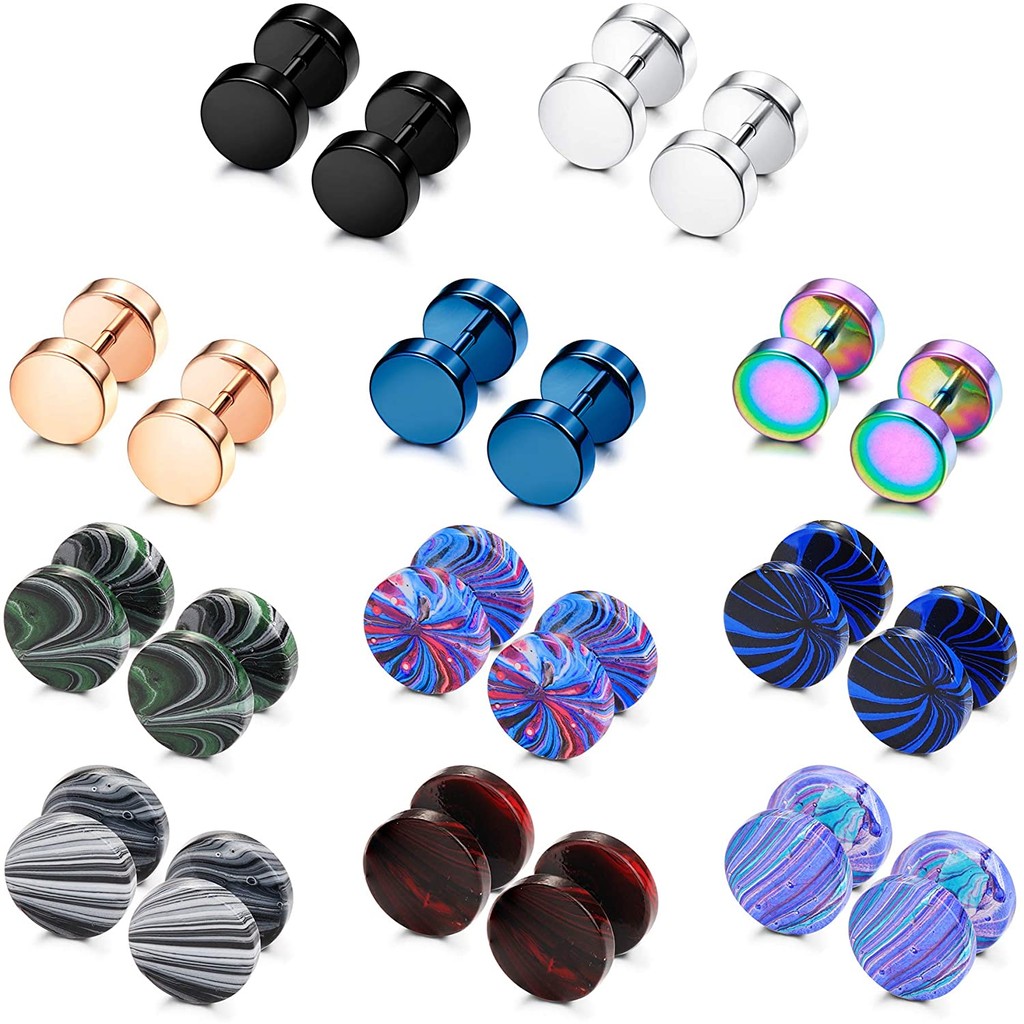 1 Pair Stainless Steel Mens Womens Stud Earrings Ear Piercing Plugs Tunnel Fake Ear Gauge Barbell Sc