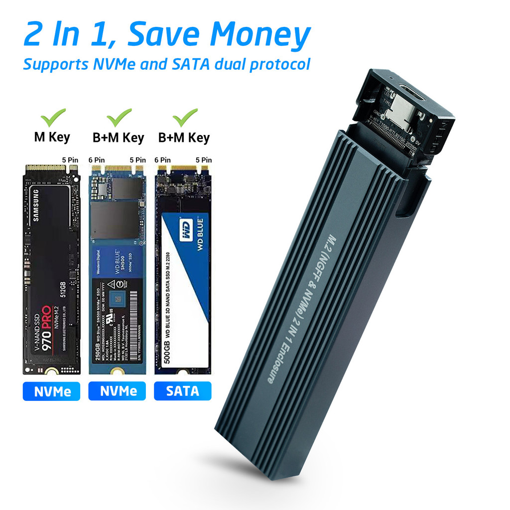 M.2 Enclosure for NVMe SATA SSD, USB-C 3.1 Gen 2 10gbps 5gbps for Samsung for WD M2 SSD NVMe Enclosu