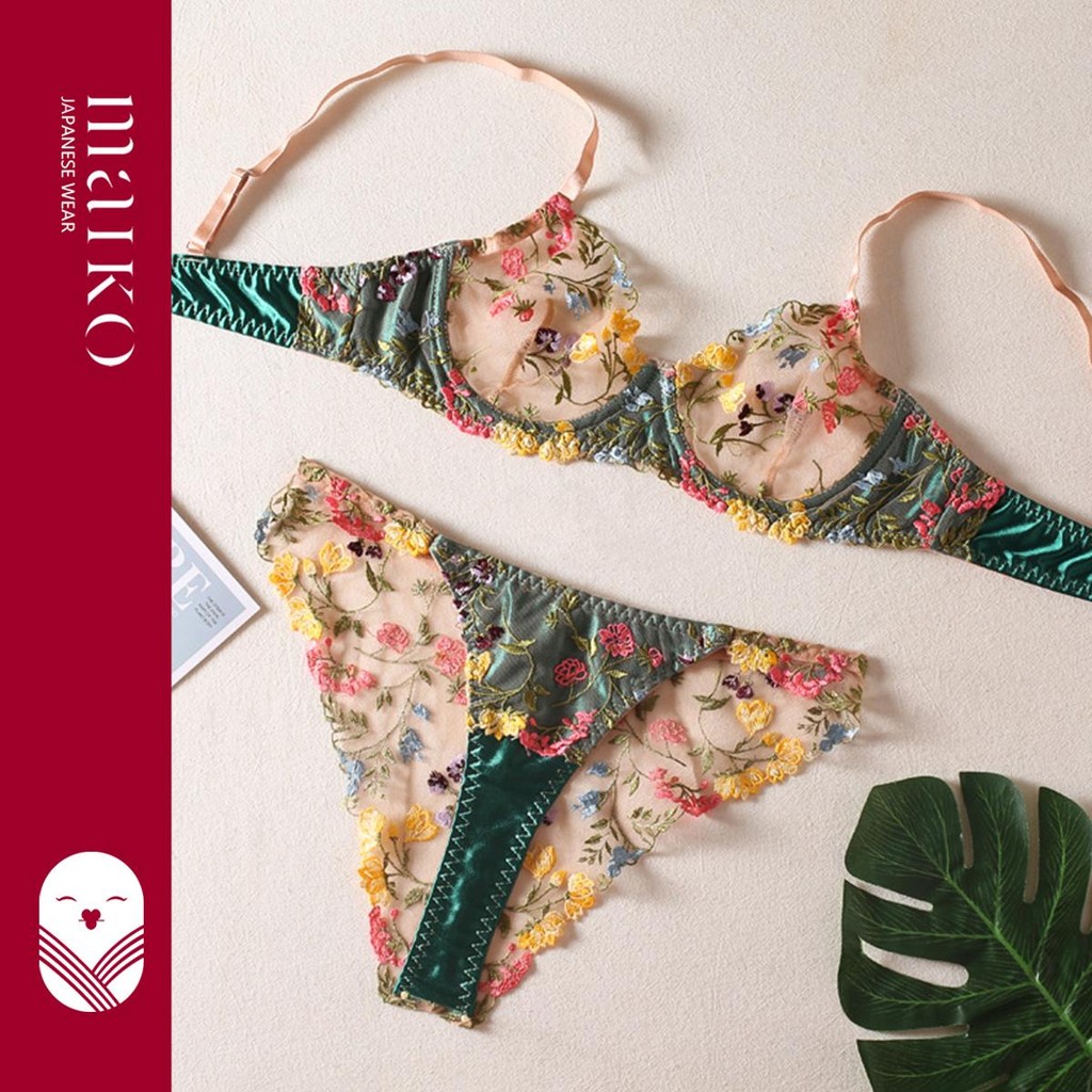 [MAIKO JAPAN] Ema Bra BH Wanita Set Push Up Kawat Celana Dalam Motif Bunga Busa