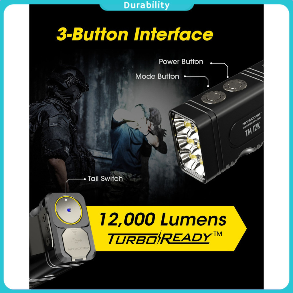 NITECORE Senter LED Flashlight OLED Display Rechargeable 12000 Lumens - TM12K