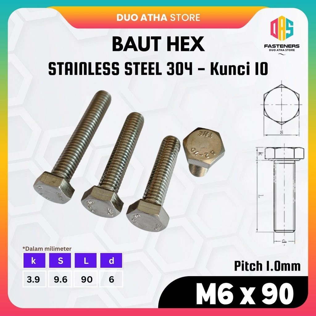 Baut Hex M6x90 Stainless Steel / Baut Only M6x90 SS304 / Baut Hexagon M6x90 SUS304 Kunci 10