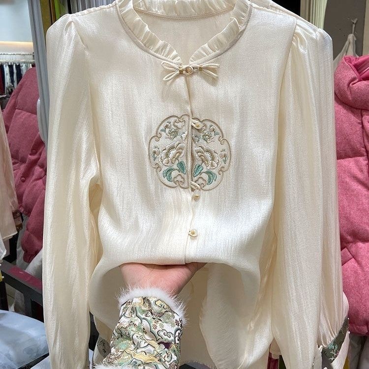 Blus Kancing Vintage Bordir Gaya Cina Baru dengan Patchwork Mewah