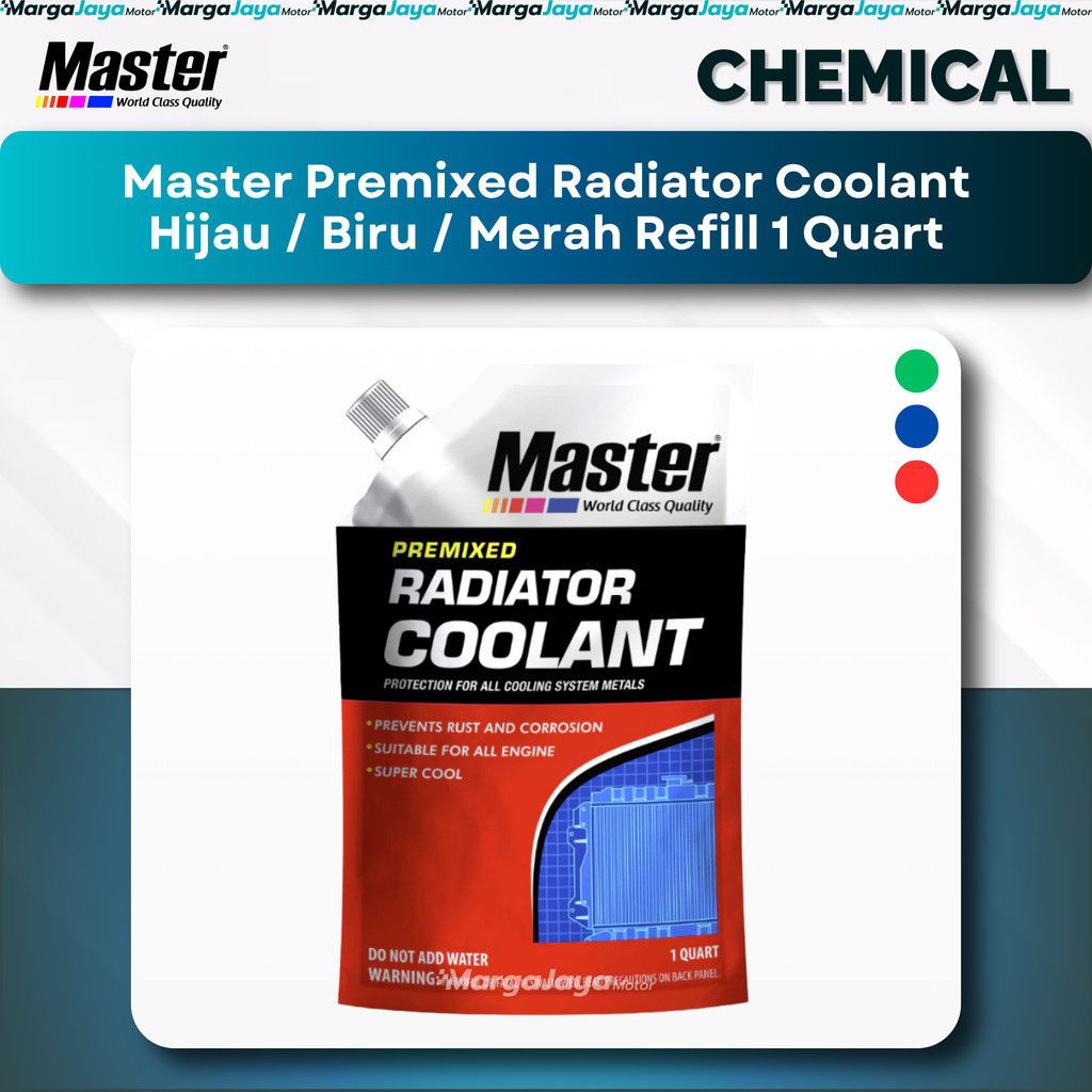 Master Premixed Coolant Refill 1 Quart Hijau Biru Merah Air Radiator Coolant Master Motor Mobil