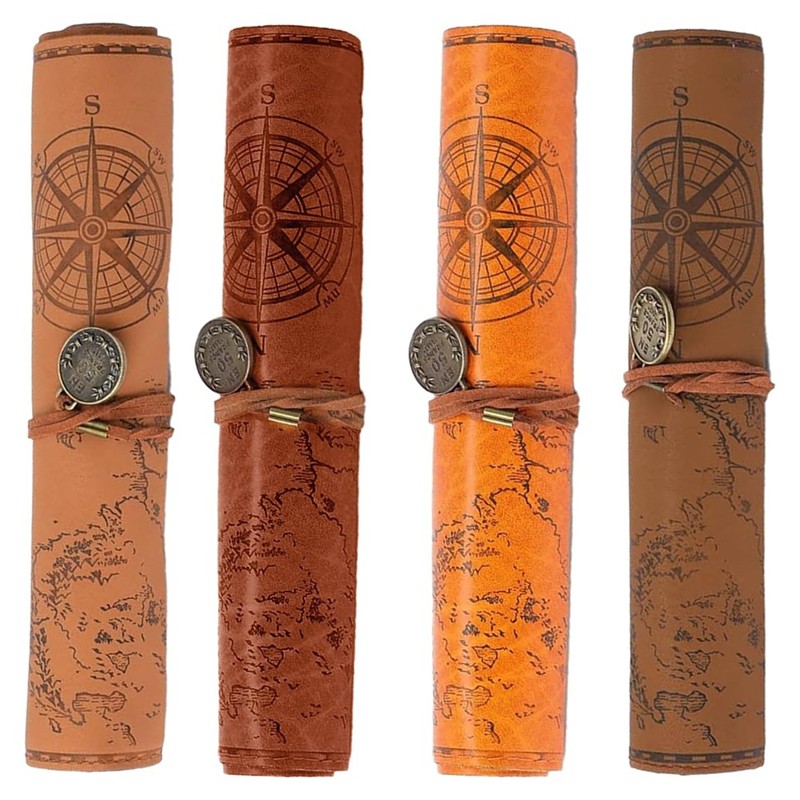 

4 Pieces Leather Pencil Case, Creative Map Rollup Pencil Bag, Vintage Makeup Brush Pouch, Brown PU Matte Smooth Cover