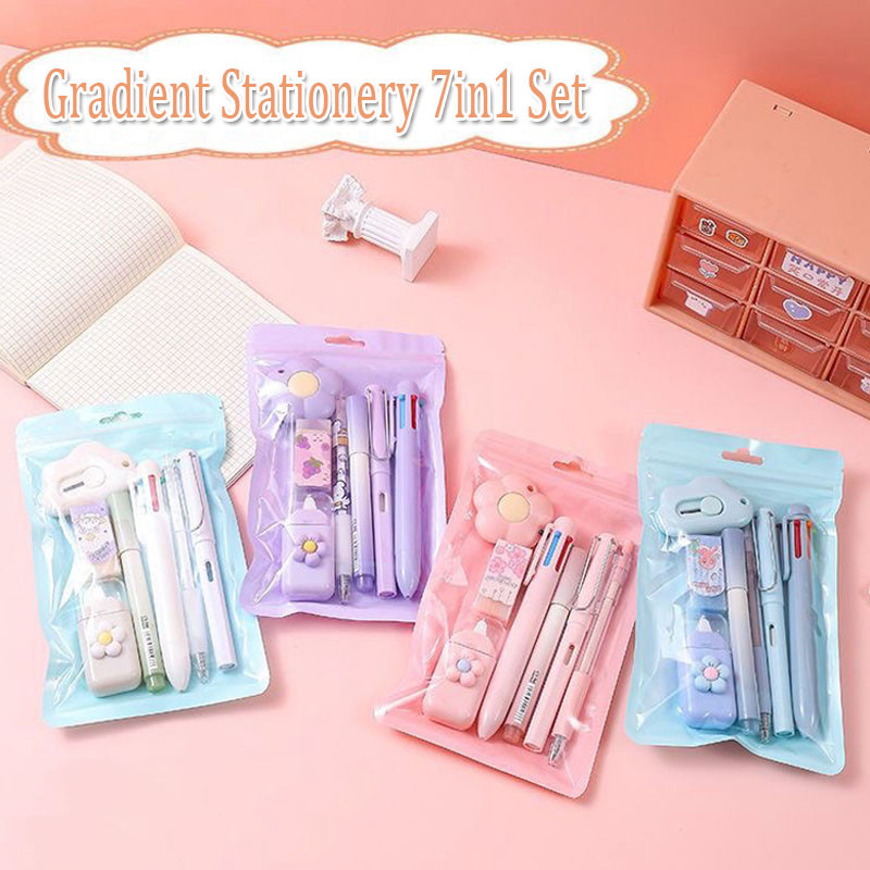 

[READY STOCK]7 IN 1Set Correction Tape Gel Pen Eraser Set School Gift Pulpen Stabilo Cutter Hadiah Sekolah Anak Set
