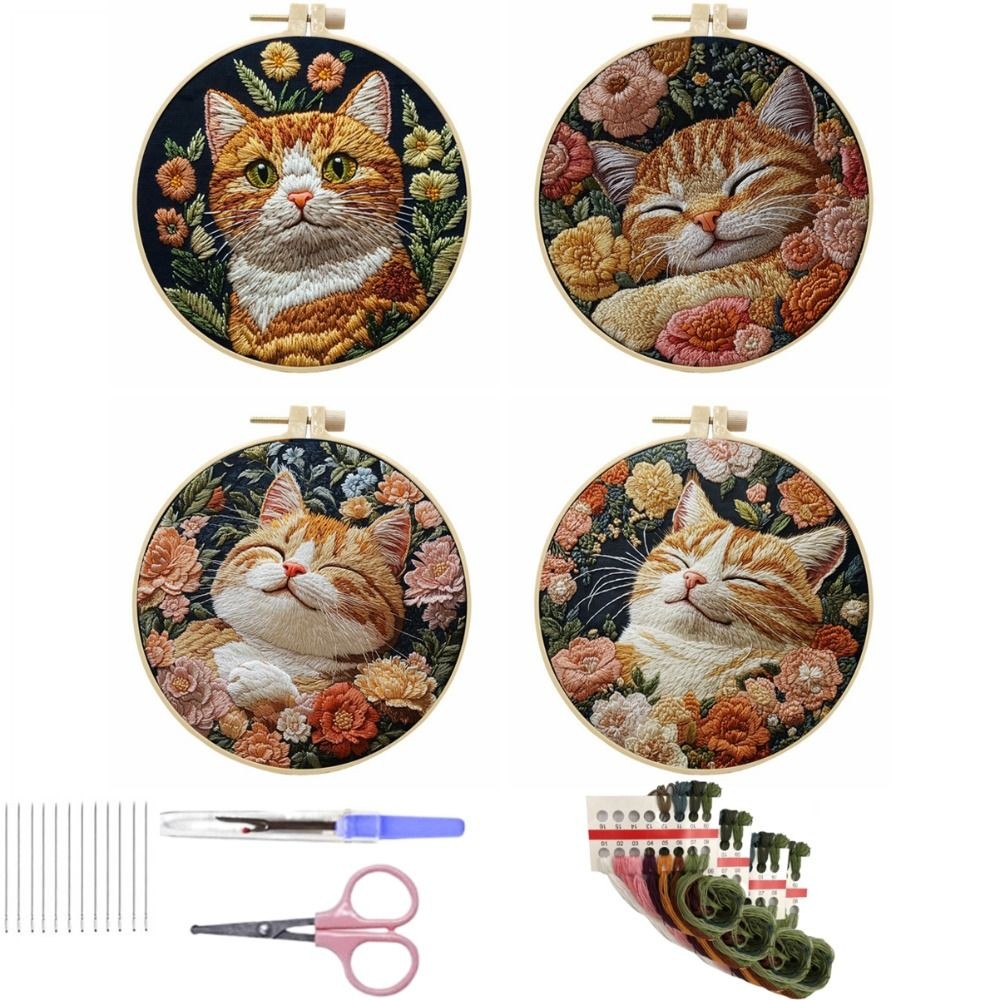 

1 Set Cat Embroidery Kit Embroidery Frame with Patterns Fabric Material Package Scissors Seam Remover DIY Craft Kits Handmade