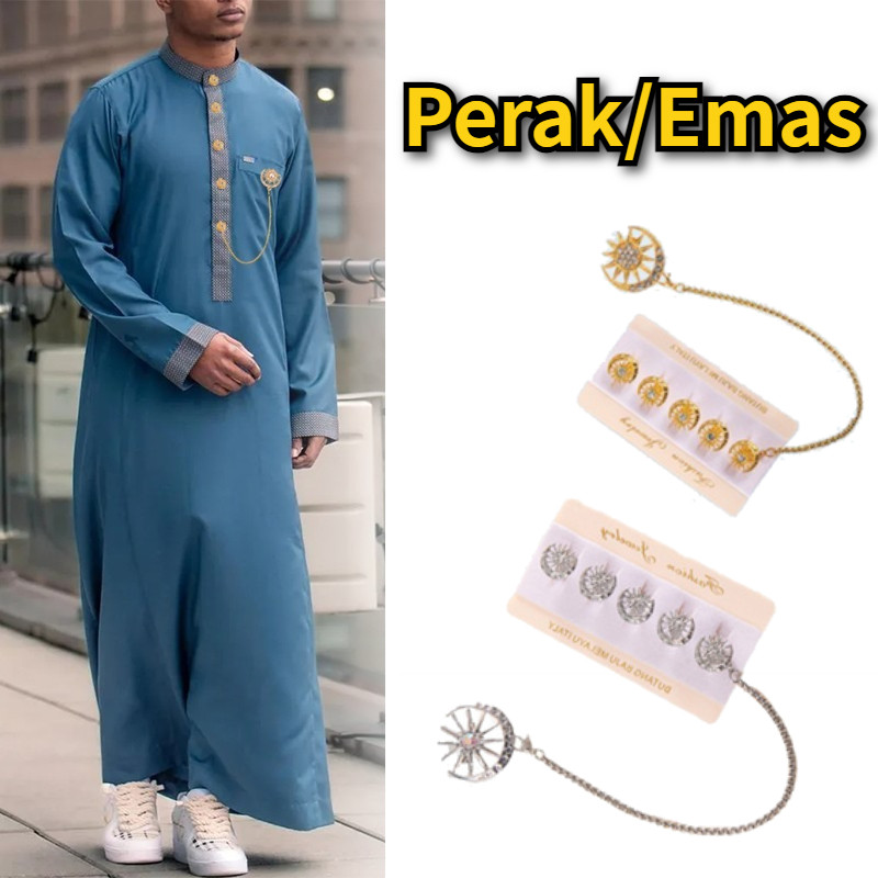 Butang Baju Melayu Rantai Kancing Baju Melayu Pria Set Lencana Bros Rumbai