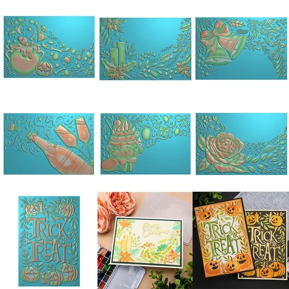 

Vintage Halloween Swirling Florals Holly and Candles 3D Embossing Folder for DIY Scrapbook Adding Texture Paper Christmas Crafts