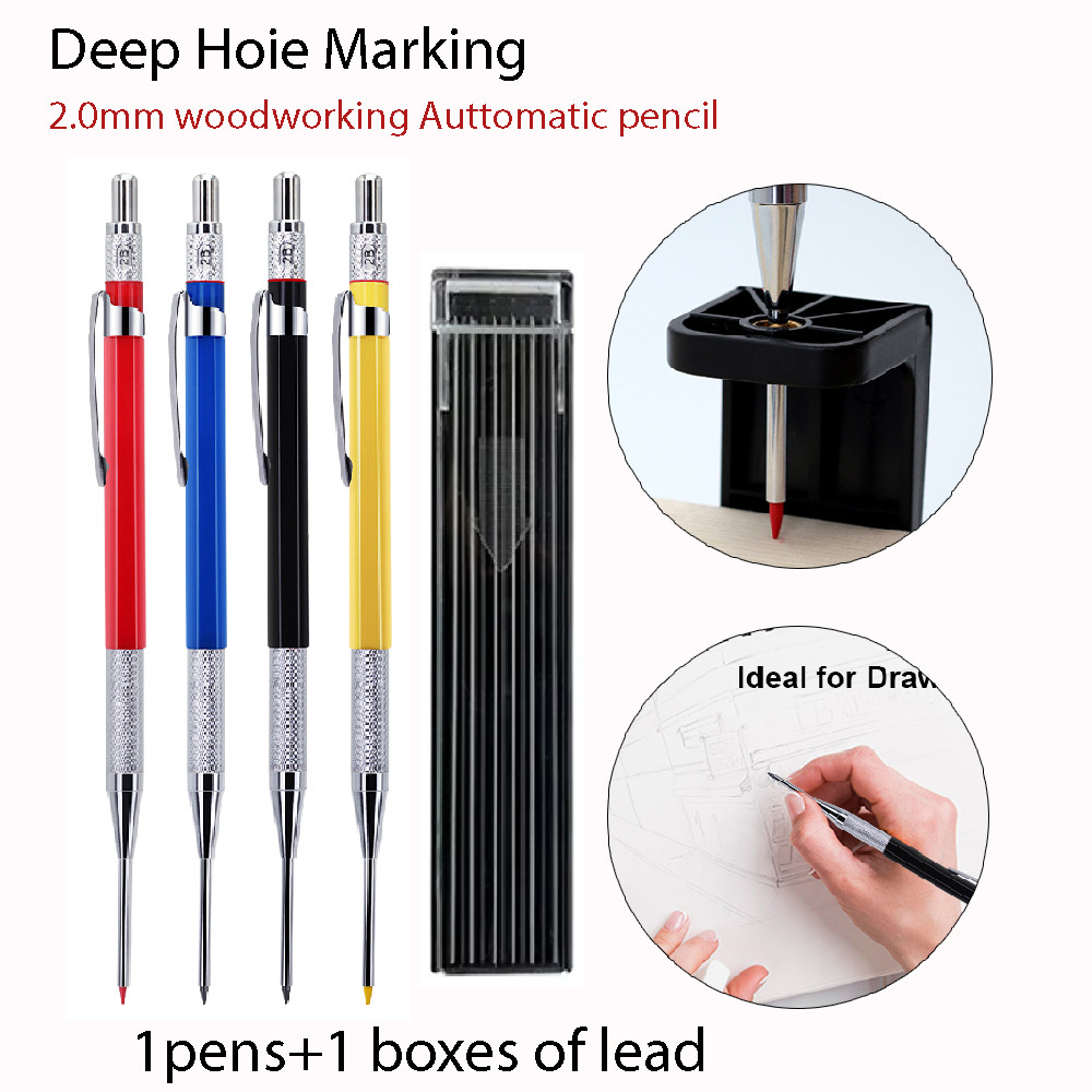 

2mm Mechanical Woodworking Pencil Set with 12 Pen Cores, Woodworking Marking Tool Solid Deep Hole Construction Pencil