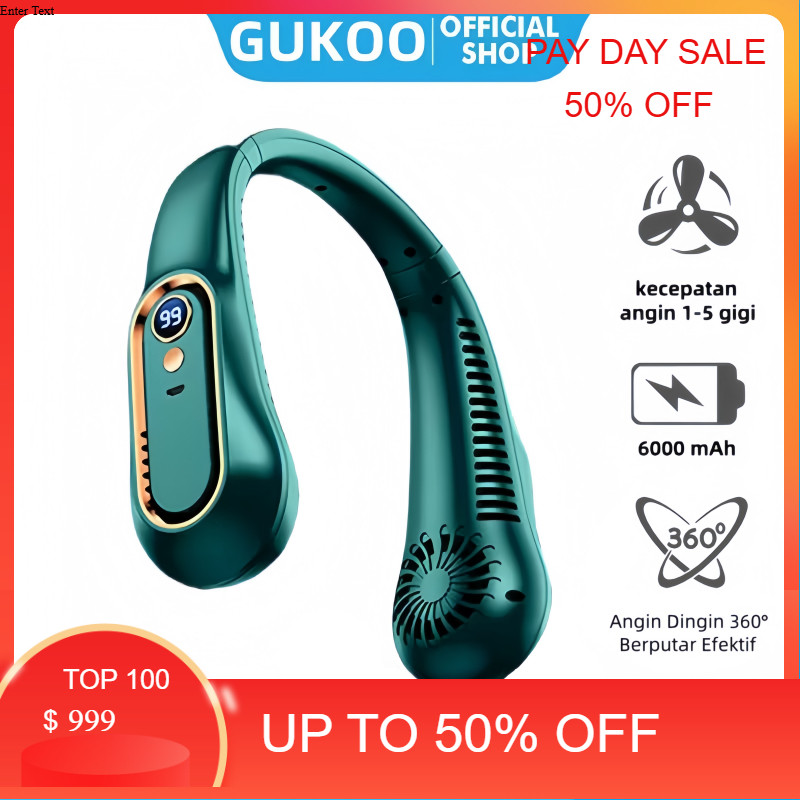 GUKOO Kipas Angin Leher Portable, 5  Speed, Baterai Tahan Lama, Ringan & Nyaman