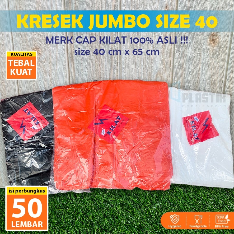 [50 lembar] Kantong Kresek Tebal Jumbo 40x65 cm | Merk KILAT 100% ASLI | Kresek Merah Putih Hitam Be