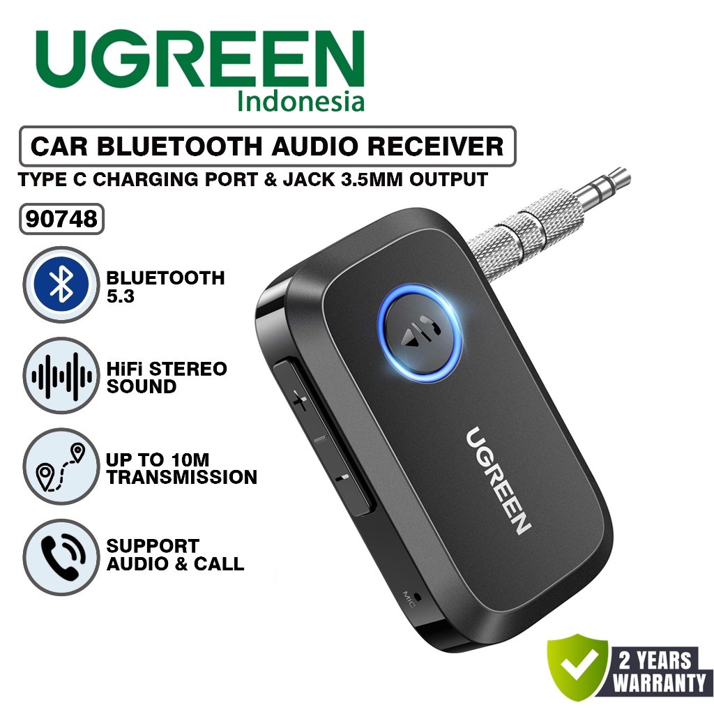 UGREEN 90748 Car Bluetooth Receiver Audio Speaker Stereo BT 5.3 Open Microphone Mic Jack 3.5mm AUX H