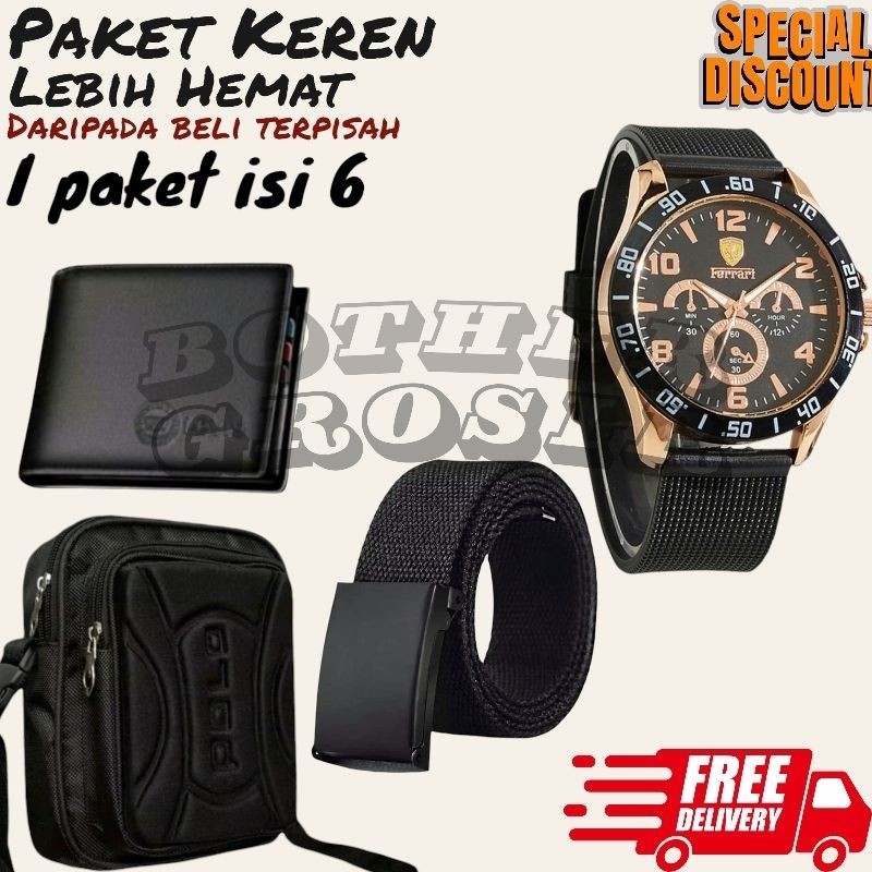 (Promo Paket Istimewa Pria Keren Combo Star Pria Terbaru ) 6 In 1/Jam Tangan Pria Keren Beli Jam Tan