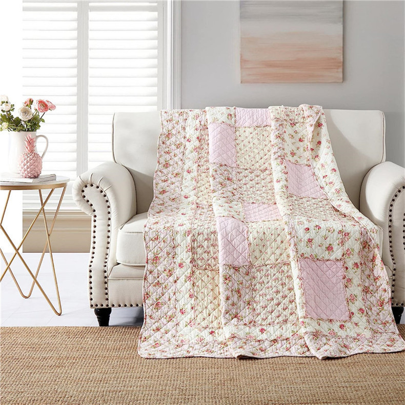 100% Cotton Patwork Quilt Full Size Pink Floral Bedspread Coverlet Reversible Home Bed Cover Shabby 