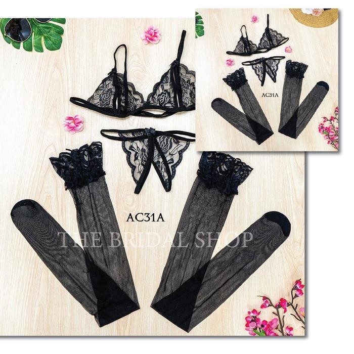 Bra CD + Stocking Wanita Lingerie Underwear Brokat Premium AC31A