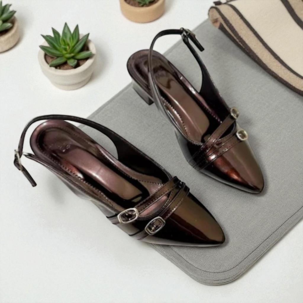 Sepatu Wanita Mules 3CM elegan Slingback Glitter Kekinian Sandal Heels Wisuda Weding Formal Terbaru