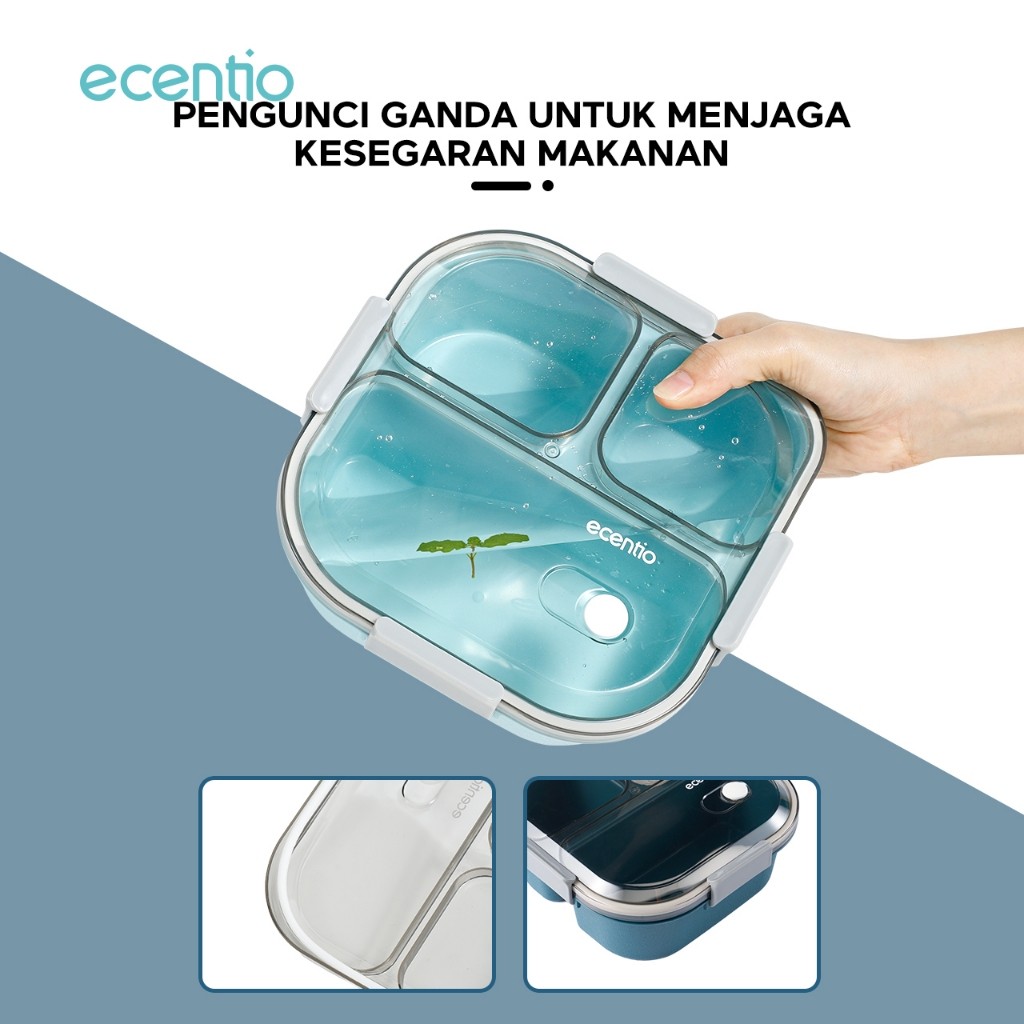 ecentio  kotak bekal anti tumpah tumpah 3 grid 1100ml Kotak makan wadah bekal anti tumpah kotak sup