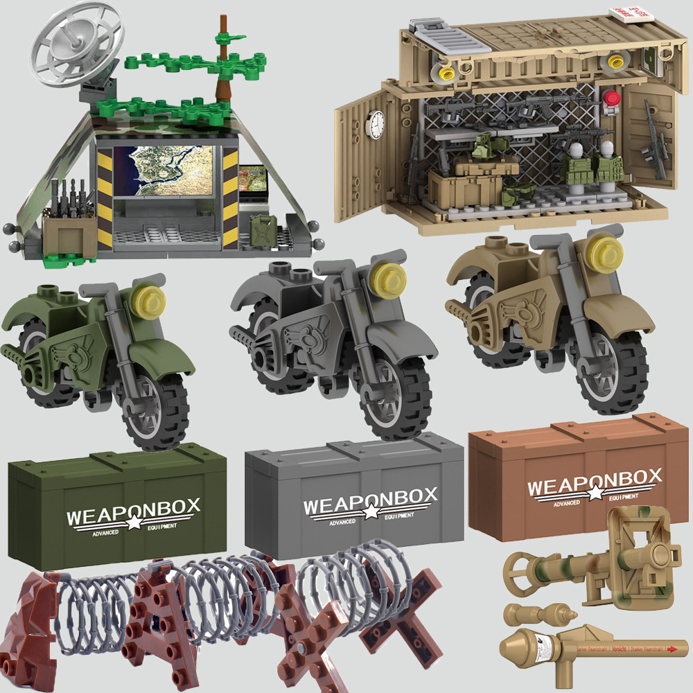 MOC WW2 Military War Weapon Soler Accessories Buig Blocks Roadblock Motorcycle Weapon case container