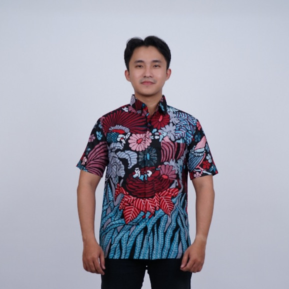 Batik Asli Cirebon Atasan Batik Kemeja lengan pendek  Batik Pria Motif Macau Warna Merah ABK