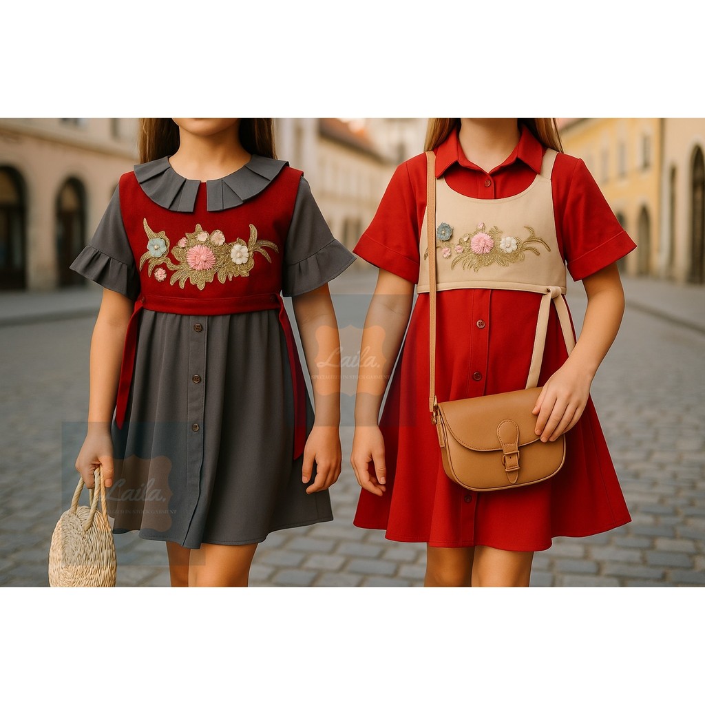 Dres fashion anak perempuan rempel kombinasi rompi sweede dengan variasi bunga premium import