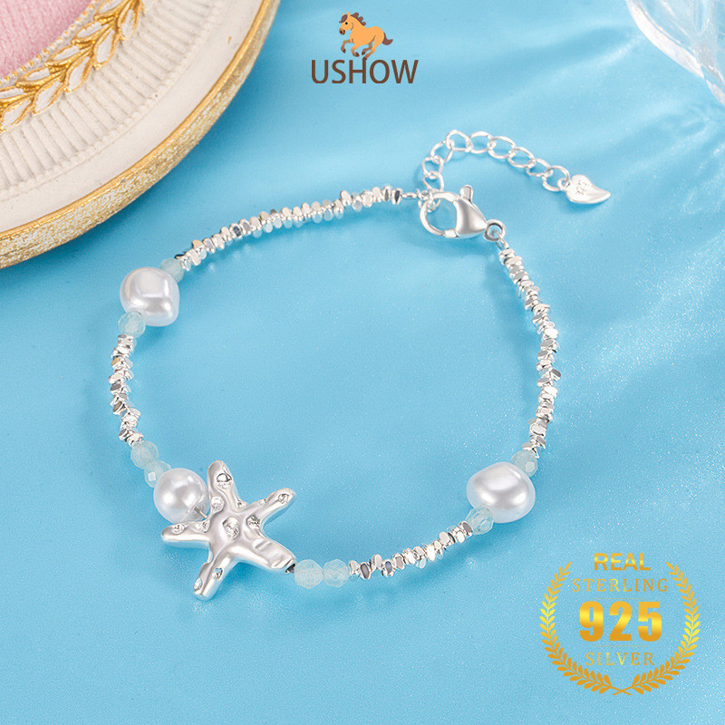 USHOW Gelang Perhiasan Mutiara Biru Berbutir Perak S925