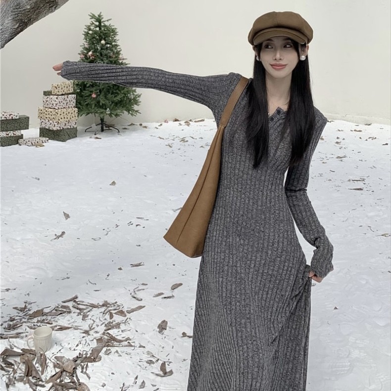 LAPAKSHOP Baju Rajut Korea BodyFit - Dress Panjang Wanita Elegan Muslimah Gamis Modern Free Ongkir M