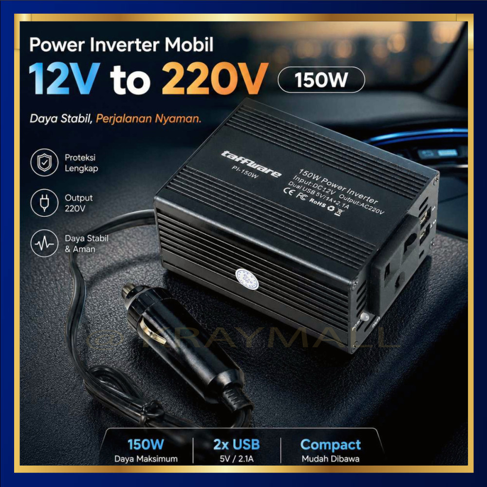 Taffware Power Inverter Mobil dengan 2 USB Port 150W 220V - PI-150W