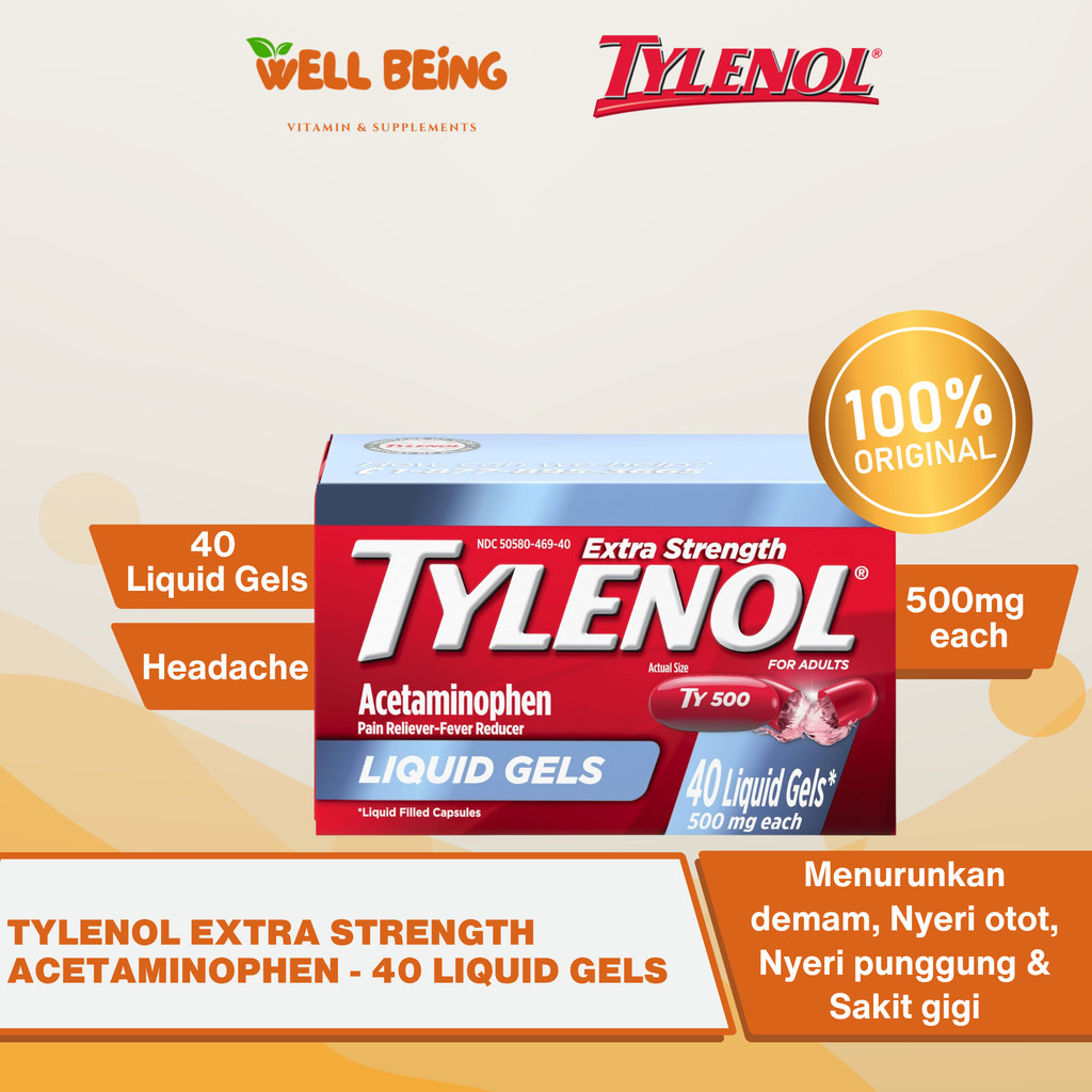 Tylenol Extra Strength Liquid Gels 500mg Each Isi 40 Liquid Gels | WellBeing Original USA Pereda Nye