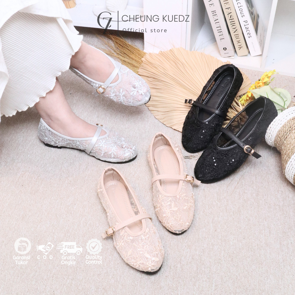 ABRIS CZ - Cheung Kuedz Melodi Flat Shoes Wanita Bahan Brukat Motif Marry-Jane