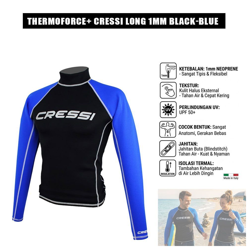 ThermoForce+ Cressi Long 1mm BLACK-BLUE UNISEX / Pakaian Renang Snorkling / Pakaian Renang 1mm Neopr