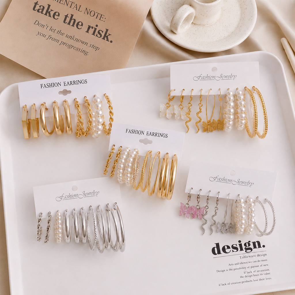 Set 5-6pcs Anting Kupu-kupu, Mutiara & CZ Lingkaran Kreatif, Aksesori Elegan untuk Wanita