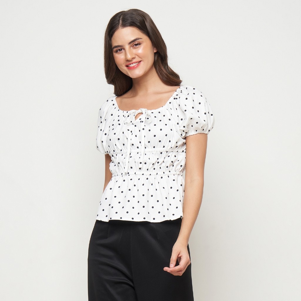 Sala Fashion Blouse Wanita Polkadot Putih Hitam Atasan Wanita Lengan Pendek Puff Casual Korean SF029