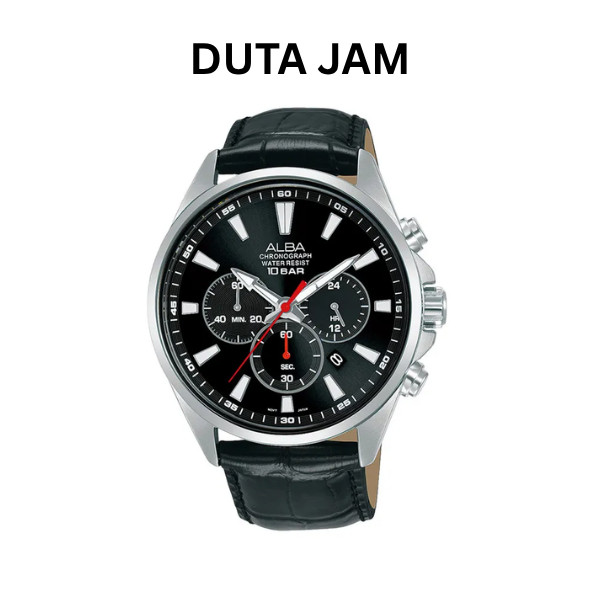 JAM TANGAN PRIA ALBA ACTIVE AT3G59 AT3G59X1 CHRONOGRAPH BLACK DIAL LEATHER STRAP