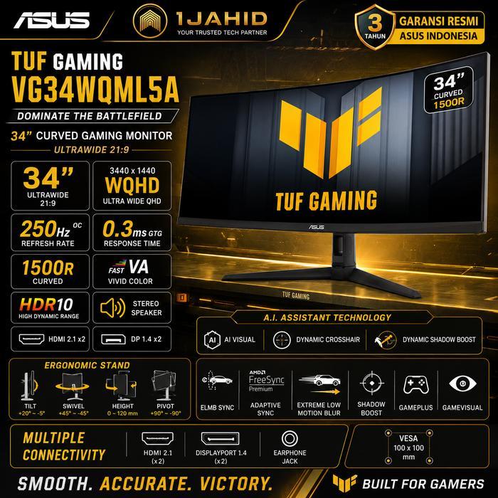 Monitor Gaming ASUS TUF VG34WQML5A 34 Inch Ultrawide Curved 1500R WQHD 3440x1440 250Hz OC HDMI 2.1 D