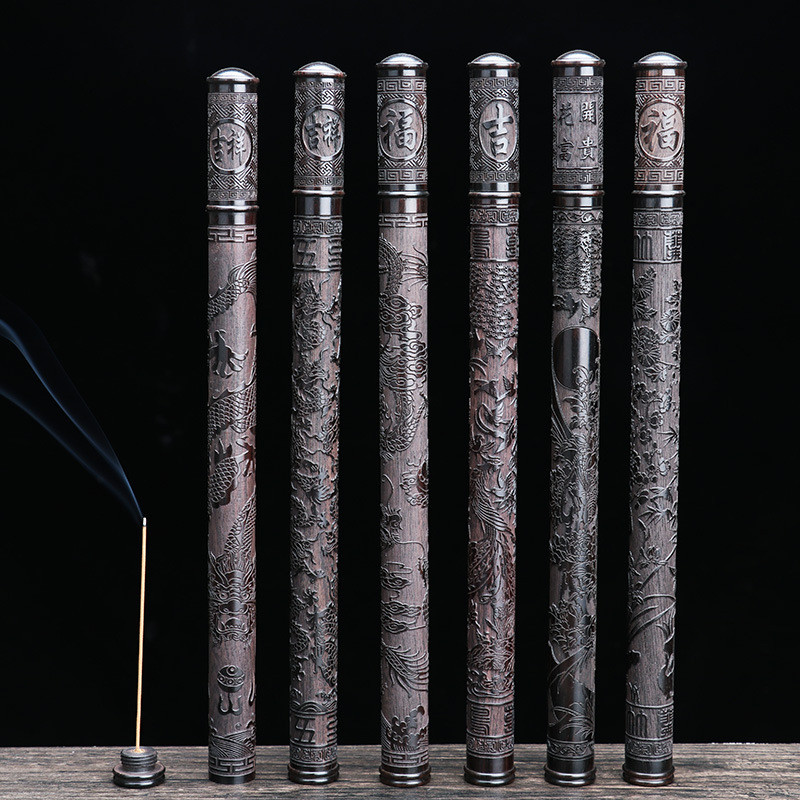 Factory Ebony Incense Tube Wooden with Incense Holder Cover for 21cm Sticks Carved Insence Burner Bu