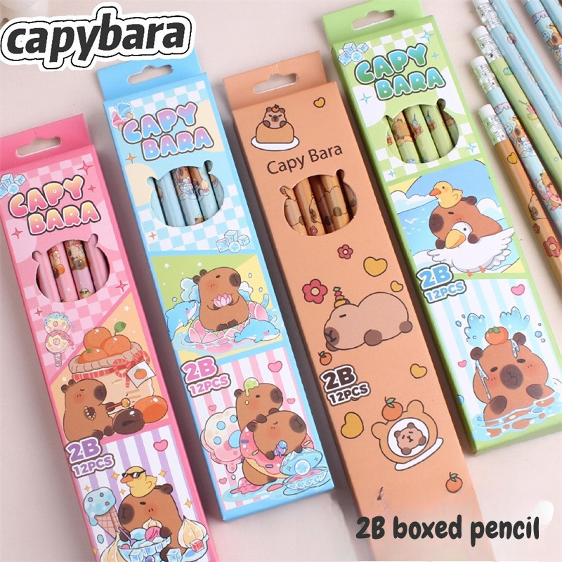 

12Pcs/Box Cute Capybara 2B Wooden Pencil Kawaii Cartoon Round Rod Pencil Sketching Pen Drawing Kids School Students Stationery