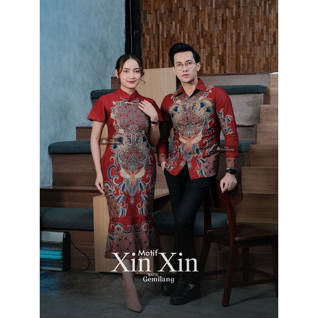 Batik Couple Motif Xin Xin Merah | Sarimbit Suami Istri Premium | Dress Wanita & Kemeja Pria Elegan 