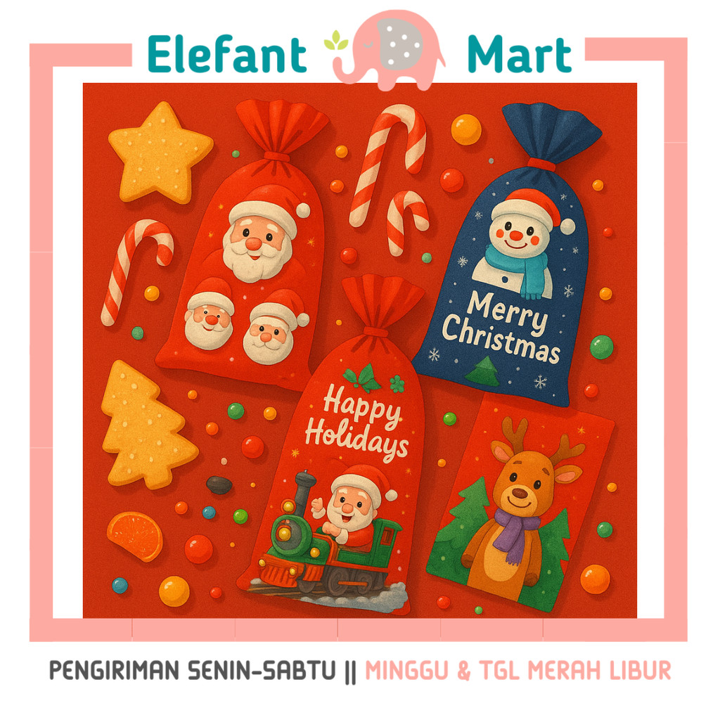 

ELEFANT 10 pcs Goodie Bag Snack Tas Hadiah Tas Barang Plastik Pita Natal Christmas Xmas Ulang Tahun Lucu Perlengkapan Tahun Baru