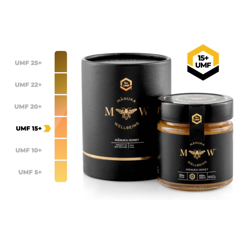 

NEW Manuka Wellbeing UMF 15+ 450Gram / Manuka Honey MGO 550 Madu Premium New Zealand Halal