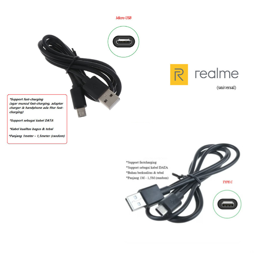 (hitam) Usb C & micro  kabel charger realme narzo 20 (RMX2191 / RMX2193) - realme narzo 20A (RMX2050