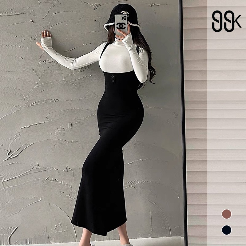 SAXCSHOP One Set Turtle Neck Long Sleeve Top + Strap Midi Dress 1570 (S/M/L/XL)