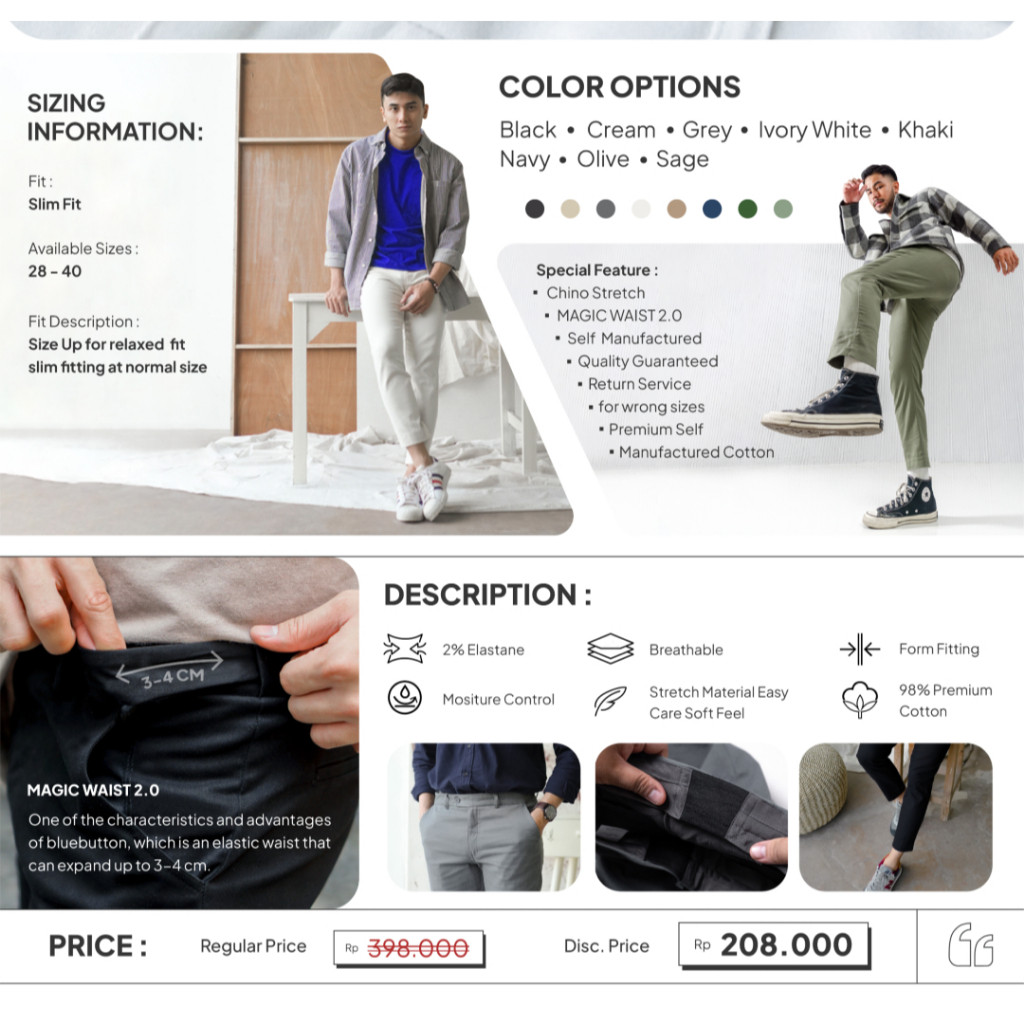 HERBERTSHOP BLUEBUTTON Celana Chino Ankle Pants Slim Fit Celana Panjang Pria Sage