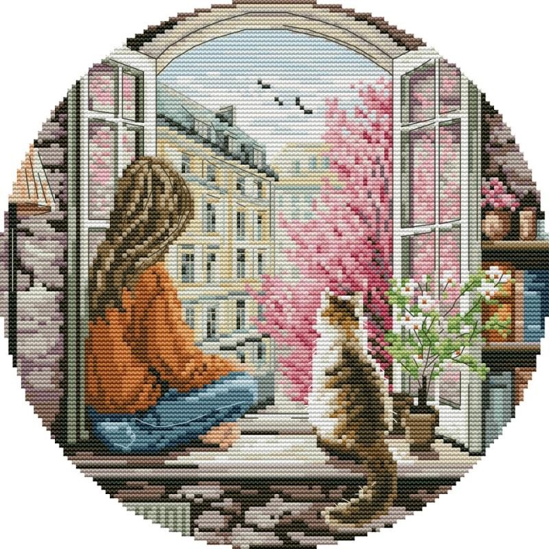

Spring Window Display-Girl Patterns DIY Handmade Cross Stitch Kits 14 16 11CT White Printed Fabric Sewing Embroidery Home Decor