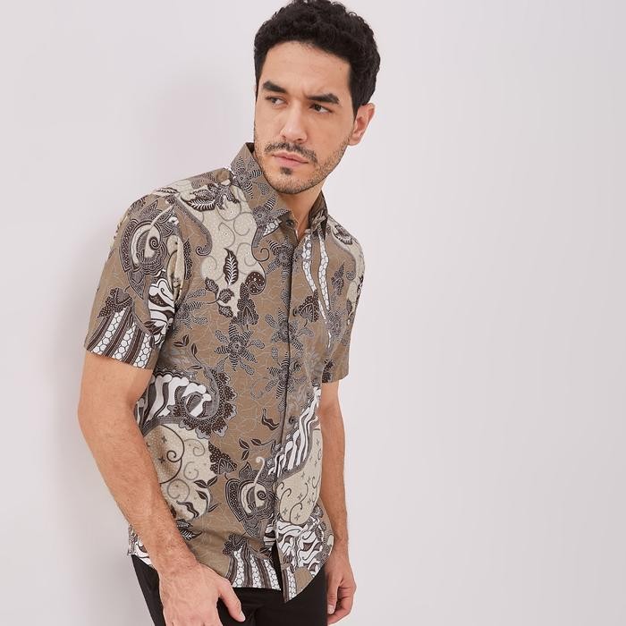 Odza Batik Baju Kemeja Batik Lengan Pendek Slim fit Pria Hem Solo Hijau Tosca Cokelat Urdha - Tosca,
