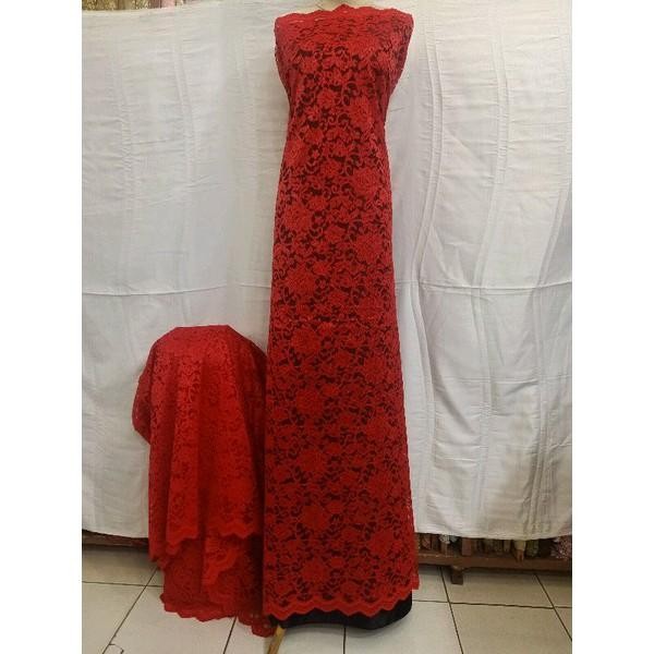 Kain Brukat tulang semi Prancis Bahan brokat cocok untuk atasan dress kebaya - merah, 2 meter HOTM