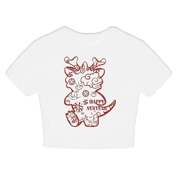 （✅COD） (Pengiriman dalam waktu 24 jam)Kaos Crop Top Putih dengan Desain Naga Merah dan Teks "Happy N