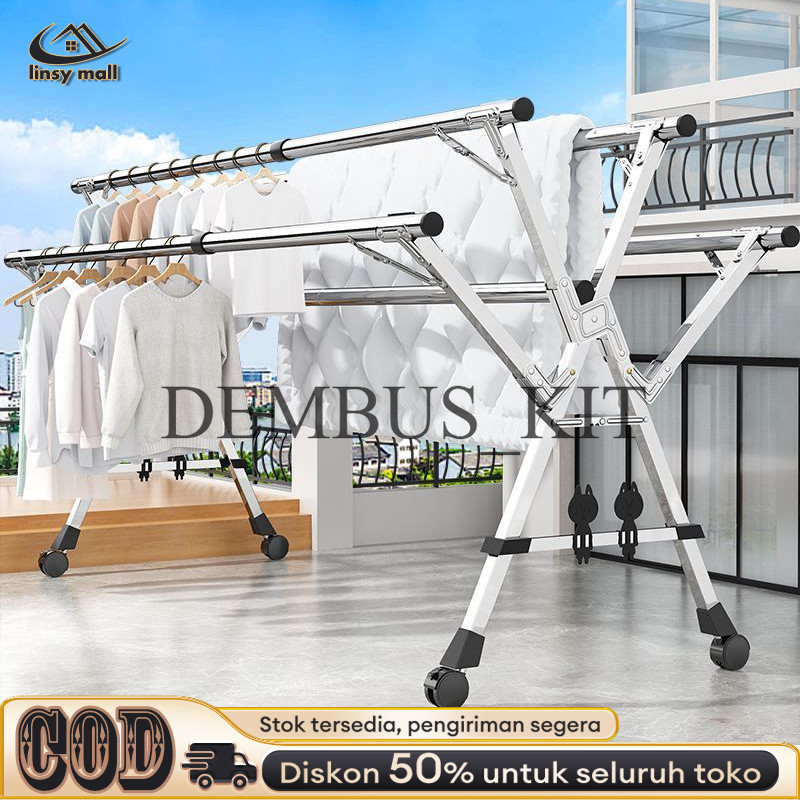 Jemuran Baju Lipat 5 Tiang Dengan Roda Jemuran Baju Lipat Stainless Steel Jemuran Pakaian